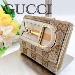 【超美品】GUCCI 二つ折り財布 ホースビット 小銭入付き キャンバス GUCCI 二つ折り財布 GG ホースビット キャンバスxレザー ユニ