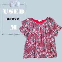 USED grove M 半袖花柄トップス　ブラウス　赤　レッド　フリル