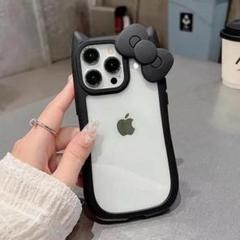 猫耳 ねこみみ リボン　iPhoneカバー　ケース 　クリア×ブラック