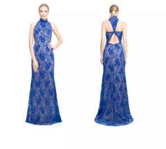 【新品】タダシショウジ US00 美しいブルーのロングレースドレス TADASHI SHOJI タダシ ショウジ ブルーバイオレット長袖ロング