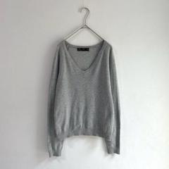3266【ザラ】ニットセーター　長袖　グレー　Vネック　Ｌ　シンプル　無地　仕事