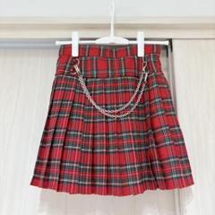 リッスンフレーバー プリーツ スカート 赤 チェック チェーン付き