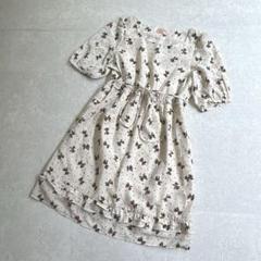 ミニマムミニマム◆リボン ドット Aライン フリルワンピース〔2〕膝丈 ベージュ