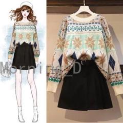 0411_0521_91209【秋冬】雪柄ニットワンピース 2点セットアップ