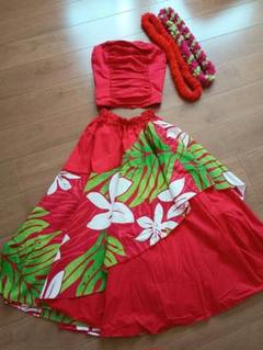 フラダンスドレス 赤色花柄スカートセット