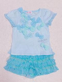 美品メゾピアノ水色リボンセットアップ110100Tシャツ&フリルスカパン2セット
