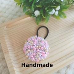 ハンドメイド ビーズのまんまるヘアゴム（ピンク）