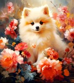 新品ダイヤモンドアート20×20　子犬　ポメラニアンと花畑　初心者作成キット