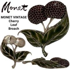 MONET VINTAGE チェリー リーフモチーフ ストーン装飾 ピンブローチ