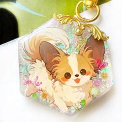 ラブリー パピヨン わんこ キラキラ 六角形 レジンネックレス キーホルダー