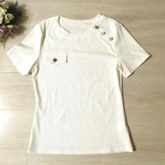 値下げ♪ホワイト 半袖Tシャツ 胸ポケット リブ レディース シルバーボタン 白