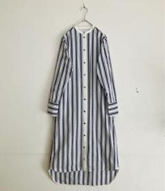美品●CINOHチノ●バントカラー ストライプ ロング シャツワンピース●F