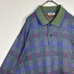 【vintage】 長袖シャツ　ハーフボタン　総柄　レトロ　古着　昭和　紫　緑