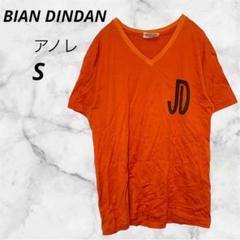 BIAN DINDAN◇ロゴ入り VネックTシャツ オレンジ【S】夏服　男女兼用