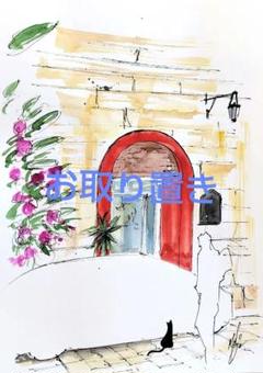 原画#3855 黒猫 カフェ マルタ共和国 花 水彩画 ドローイング