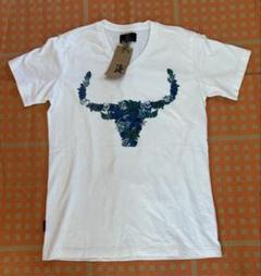 新品　R.NEWBOLD Vネック Tシャツ スカル 花柄 バッファロー　牛　白