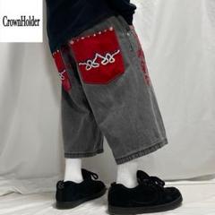 Crown Holder ベロア スタッズ ブラック デニム バギーパンツ 極太