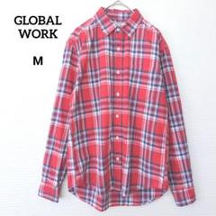 グローバルワーク 美品 綿麻混 チェック 長袖 シャツ レッド サイズM