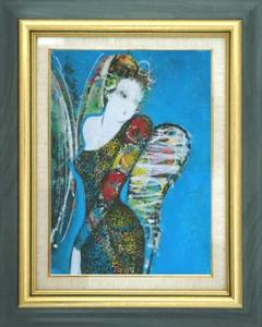 絵画インテリア 額付(青緑＋金色の枠) 油絵 uF6-010511 人物女性像 絵画インテリア 額付(青緑＋金色の枠) 油絵 uF6-010511 人物女性