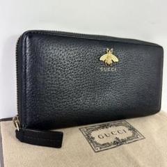 美品【GUCCI】長財布 ラウンドジップ アニマリエ メタルビー 黒 レザー