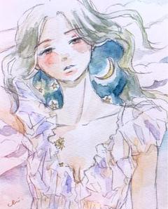 手書き 同人イラスト 絵 色紙 女性 美人 宇宙 夜空 流れ星