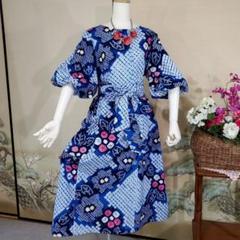 着物リメイク(総絞りロールカラロングワンピース)ゆったりサイズ d9c51ce076dd50e14a652521d87d43