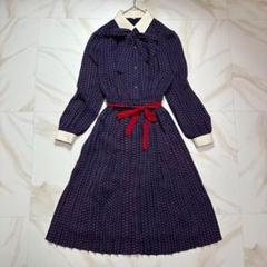 ワンピース　ロング丈　ボウタイ　ベルト　レトロ　一点物　総柄　プリーツ　紺　XL