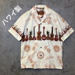 メンズ　半袖　アロハシャツ　ハワイ製　ギター柄　Sサイズ　オープンカラーシャツ