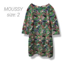 【マウジー】MOUSSY ミニワンピース 総柄 ボートネック 毛混 2 グリーン