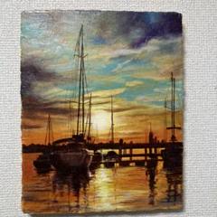 油絵　原画　港の夕日 油絵原画港の夕日
