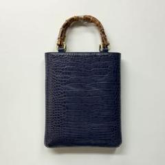 新品 ◇ 牛革クロコ型押し バンブー手提げ （大） 紺色 ◇竹手