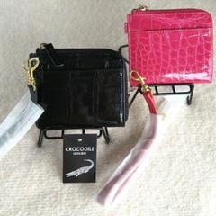 シャイニングクロコダイル　L字ファスナー財布ミニ薄型本革ストラップ付　ピンク新品