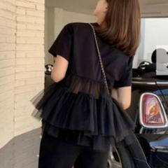 BIRTHDAY BASH/バックシフォンフリルTシャツ/黒ブラック/