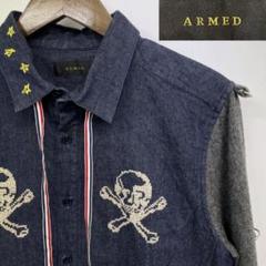 美品 ARMED アームド 切替 デニムシャツ スカル刺繍 ロールアップ M相当