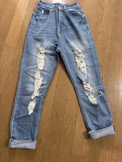 ダメージ加工 ライトブルーハイウエストデニムパンツ