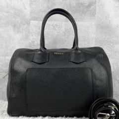 美品 フルラ レザー 2way ショルダーバッグ アルバ シボ ロゴ金具 黒
