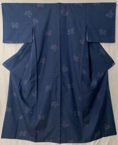 美品！ 未着用　本場結城紬　袷　藍　飛び柄　椿文様　真綿糸　しつけ付き