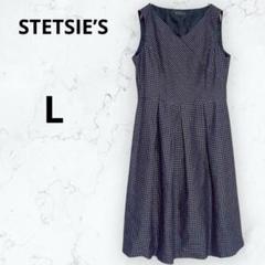 ＊STETSIE’S＊ワンピース ノースリーブ ひざ丈 ドット 水玉 紺 L