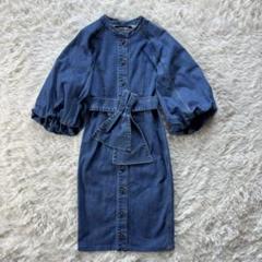 Adonisis ウエストマーク　デニム　ロングワンピース　ボリュームスリーブ