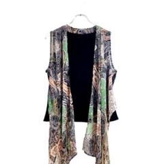 ノースリーブ ジレ風 カットソー 幾何柄模様 黒 M〜L シフォン 上品 春夏