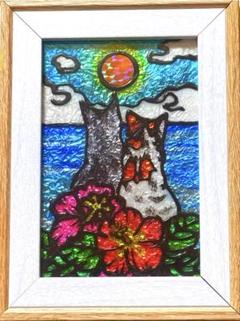 猫ステンドグラスガラス絵の具グラスデコアート赤富士山沖縄イラスト犬猫鳥花風景画