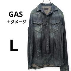 ■GAS デニムシャツ■ダメージ加工 ペイント 長袖 インディゴブルー Ｌ