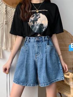 セール中 新品未使用 夏 ブルー 青 デニム パンツ ハイウエスト ポケット付