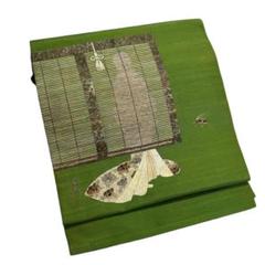 逸品 蓑虫工芸作家 乙夜作 八寸名古屋帯 地紙人物風景文 蟋蟀 抹茶色 中古 逸品 蓑虫工芸作家 乙夜作 八寸名古屋帯 地紙人物風景文 蟋蟀