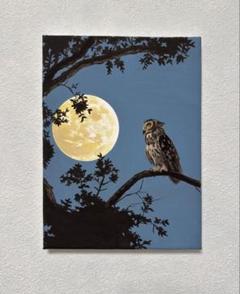 原画　アクリル画　満月とフクロウ　絵画　手描き　ハンドメイド　イラスト
