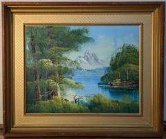 真作】絵画 油彩6号 雪山と湖の風景 自然風景 アート作品 洋画