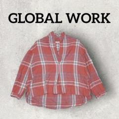 GLOBAL WORK 長袖シャツ チェックシャツ (М) レッド Vネック