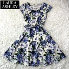 LAURA ASHLEY ロングワンピース　半袖　花柄　フラワー　パープル　春夏