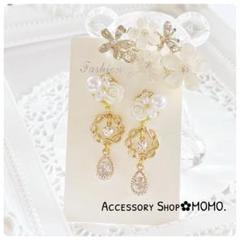ビジュー♡ホワイト.ローズ♡ハンドメイドピアスorイヤリング♡ジルコニア・:*♡