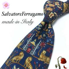 【美品】Salvatore Ferragamo ネクタイ 総柄 ネイビー 紺